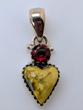 Palomino Turquoise Heart & Faceted Garnet Gemstone Pendant S925 Sterling Silver